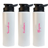 A drink bottle with a sleek white design and a black flip lid, featuring decorative names in pink.