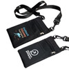 A black neck pouch with a strap, featuring two zippered compartments and logos on the front.