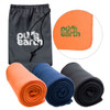 Three rolled blankets in orange, navy, and black, stored in a grey drawstring bag featuring a logo.