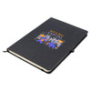 A black A5 notebook with a textured cover and an illustrated design featuring graphic elements, including a logo.