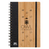A bamboo A5 notebook featuring a black cover and spiral binding, with a logo and simple illustrations.