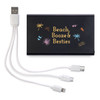 A black power bank with a logo and three charging cables in white. Ideal for charging devices on the go.