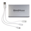 A silver 4,000mAh power bank with multiple charging cables, featuring a logo on the front.