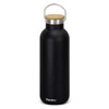 A drink bottle in matte black with a bamboo lid and a metal handle, featuring a logo at the base.