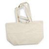 A large, beige tote bag with two long handles and a spacious interior. It features a simple design and has a logo.