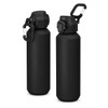 A drink bottle in matte black recycled aluminium with a black lid and carabiner, featuring a logo.