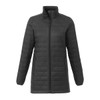A women's lightweight packable insulated puffer jacket in black, featuring a zip closure and side pockets.