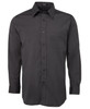A black long-sleeve poplin button-up shirt with a pocket and a collar, featuring a logo.