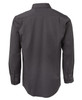 A black long-sleeved button-up shirt with a back view and a logo on the fabric.