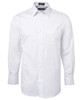 A white long-sleeve button-up shirt with a chest pocket and a collar. The shirt features a branding logo.