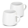 A drinkware set of two white ceramic coffee mugs with rounded shapes and handles, featuring a smooth finish.