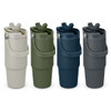 A drink bottle featuring a lid with a handle, available in four colours: beige, olive green, navy blue, and dark grey.