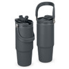 A drink bottle set featuring two dark grey travel mugs with handles and flip-top lids. One contains a straw and has a logo.