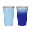 A drink cup in blue, featuring a smooth gradient changing to dark blue, with a metallic interior and a logo.