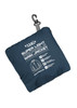 A navy packable rain jacket, folded into a small pouch with a clip, featuring a logo and product details.