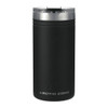 A drink bottle in matte black with a stainless steel lid, featuring a logo on the front.