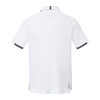 A white short sleeve polo shirt with black trim and a logo on the back.