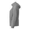 A women's packable rain jacket in grey, featuring a hood and side pockets, with a logo present.