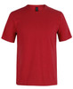 A red T-shirt with a round neck and short sleeves, featuring a logo on the label.