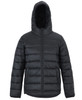 A black urban hooded puffer jacket featuring a zip front and a plush hood. The fabric has a sleek, quilted design.