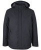 A black rain jacket with a hood, featuring a simple design and side pockets. It includes a branding logo.