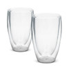 A double wall glass set featuring two clear glasses, designed with a sleek, modern shape.