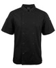 A black short-sleeve chef's jacket with a double-breasted front and a logo on the sleeve.