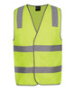 A high visibility safety vest in lime green with reflective silver strips, featuring a logo on the front.