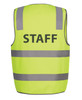 A safety vest in bright lime green with reflective stripes and a logo, labelled “STAFF.”