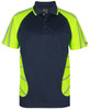 A navy polo shirt with bright yellow reflective stripes and a chest pocket. Features branding on the sleeve.