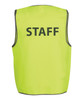A safety vest in bright lime green featuring a logo, with "STAFF" printed on the back in bold lettering.