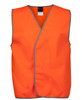 An orange safety vest with grey trimming, featuring a simple, sleeveless design and a logo.