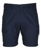 A pair of navy blue cargo shorts with multiple pockets and a button closure at the front, featuring branding.