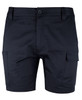 A pair of navy blue cargo shorts featuring multiple pockets and a button closure. Includes a logo.