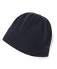 A navy blue polar beanie made from soft fleece material, featuring a simple design and a logo.