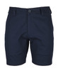 A pair of navy blue dress shorts with a button fastening and a logo on the waistband.