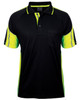 A black and hi-vis yellow polo shirt with short sleeves, featuring a pocket and a logo on the collar.