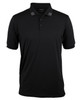 A black short-sleeve polo shirt with a collared neckline and subtle striped detailing on the shoulders. It features a logo.