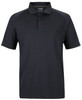 A black polo shirt featuring a buttoned placket, short sleeves, and a logo on the collar.