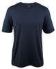 A navy blue t-shirt with short sleeves and a round neckline, featuring a branding logo.