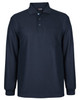 A navy long-sleeve polo shirt featuring a pocket and a three-button placket, with a logo on the collar.