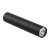 A black rechargeable flashlight with a sleek cylindrical design, featuring a shiny lens at one end and a logo.