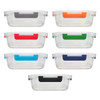 A set of six clear storage containers with colourful handles in grey, orange, red, green, blue, and navy.