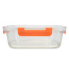 A clear lunch box with an orange handle, featuring a rectangular design and airtight lid.