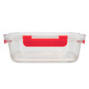 A clear lunch box with red accents and a secure lid, suitable for storing food items.