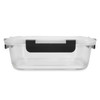 A clear lunch box with a black handle, designed for food storage. It features a transparent design for visibility.