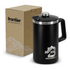 A coffee press in matte black with a silver lid, accompanied by a cardboard box featuring a logo.