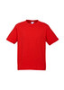 A red short sleeve tee in a casual style, featuring a logo on the label.