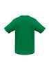A green short sleeve tee with a round neckline and a branding logo on the back.