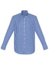 A blue and white checkered long sleeve button-up shirt with a collar and branding.